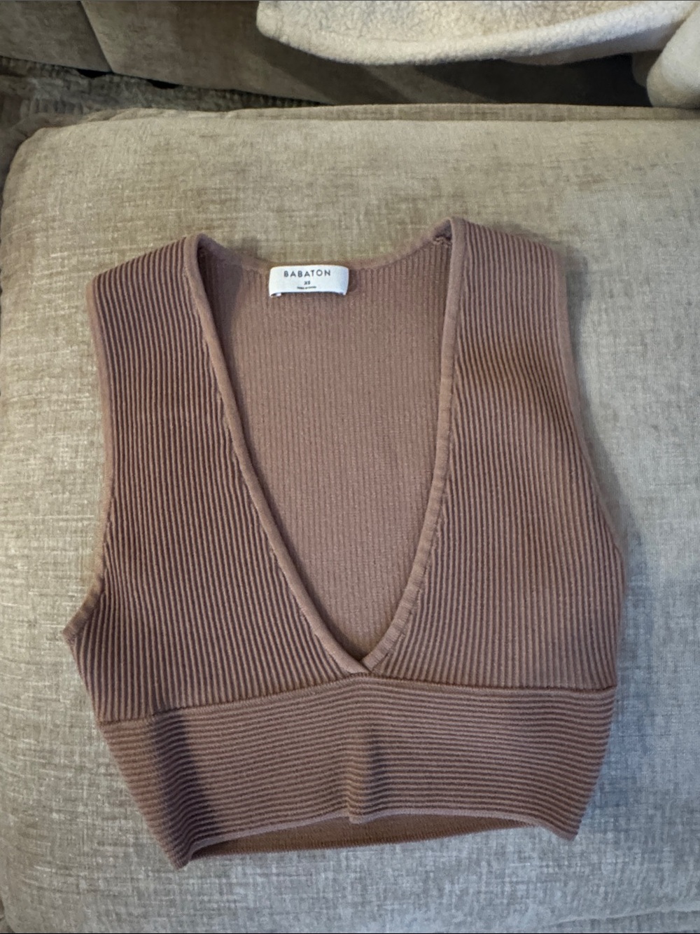 Babaton Taupe Brown Ribbed V-Neck Crop Top